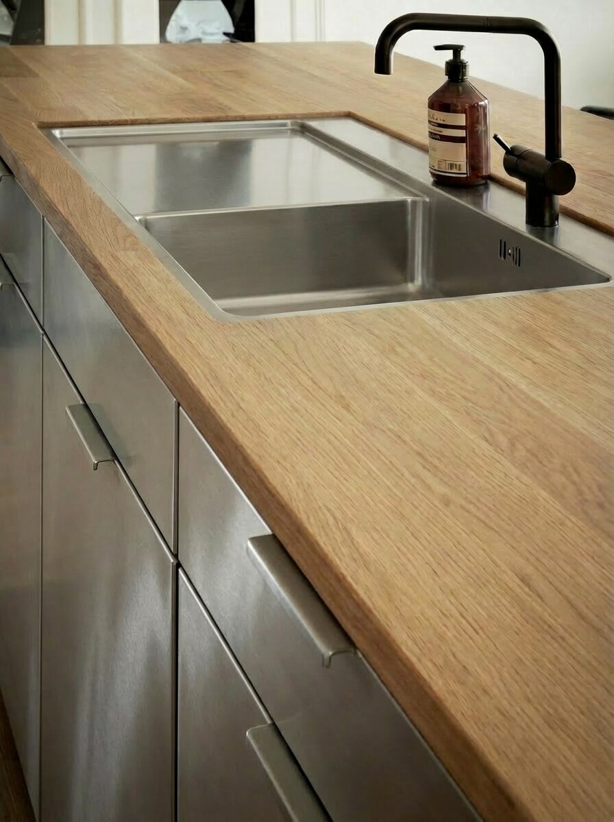 Oak countertop with stainless steel sink